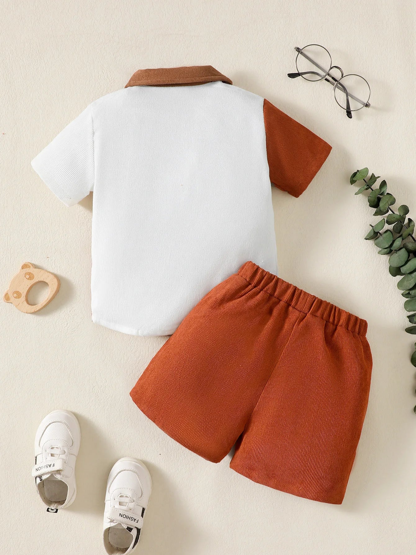 Children Boys' Flip collar Color Blocked Pit Stripe Top Shorts Fashion