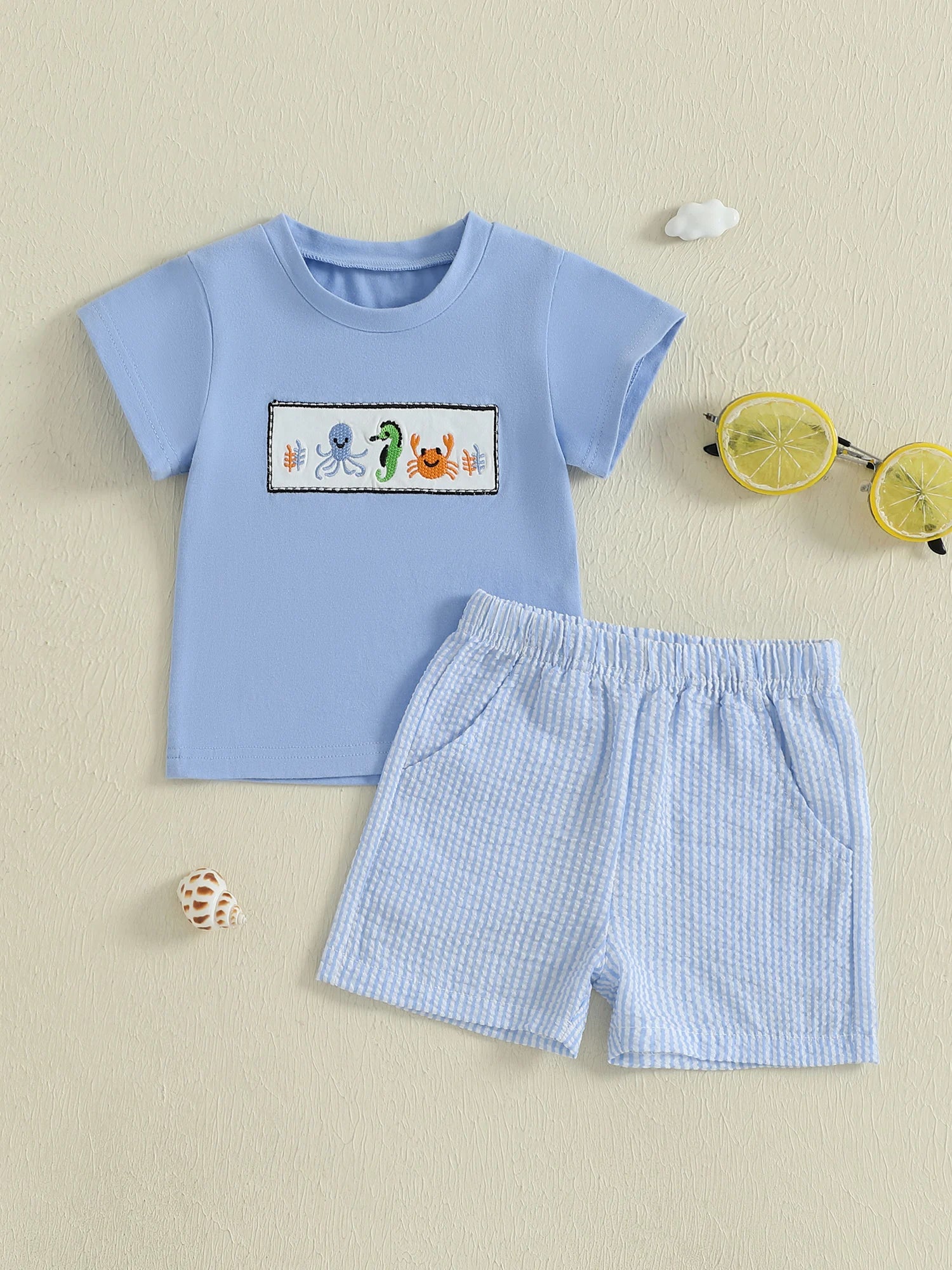 Boys Summer Outfit Set with Short Sleeve Ocean Top and Striped Shorts