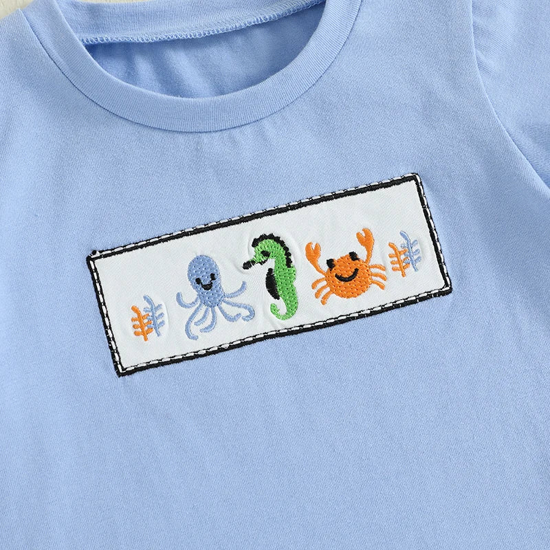 Boys Summer Outfit Set with Short Sleeve Ocean Top and Striped Shorts