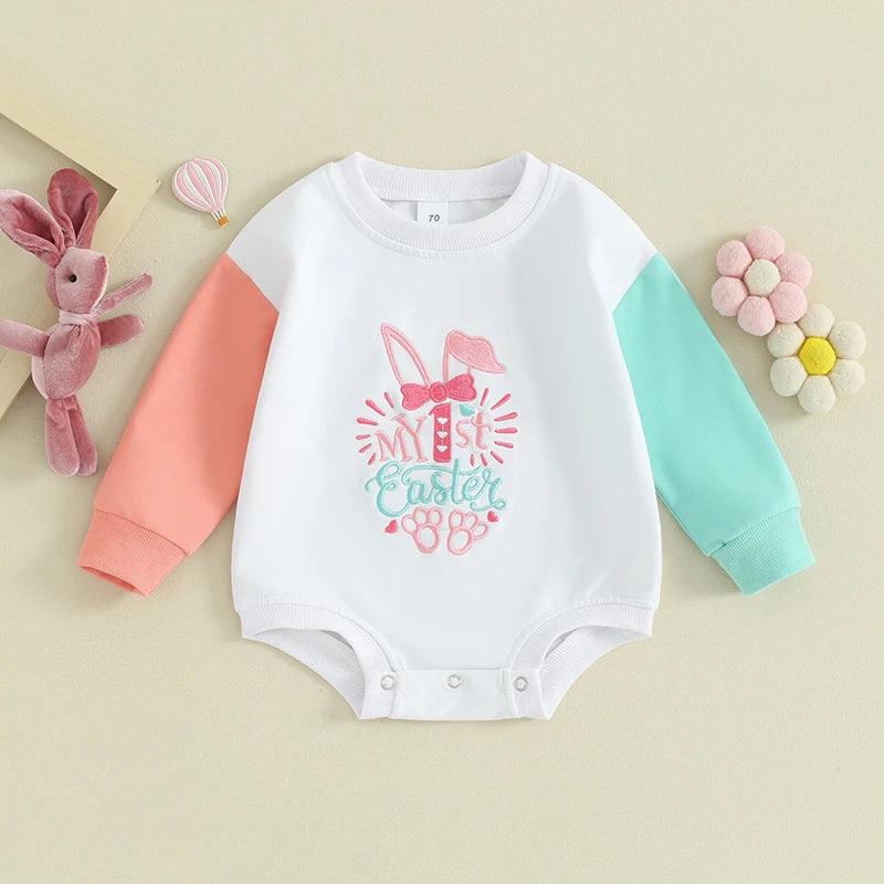 Infant Easter Jumpsuit with Cute Bunny Print and Ruffle Girl Rompe