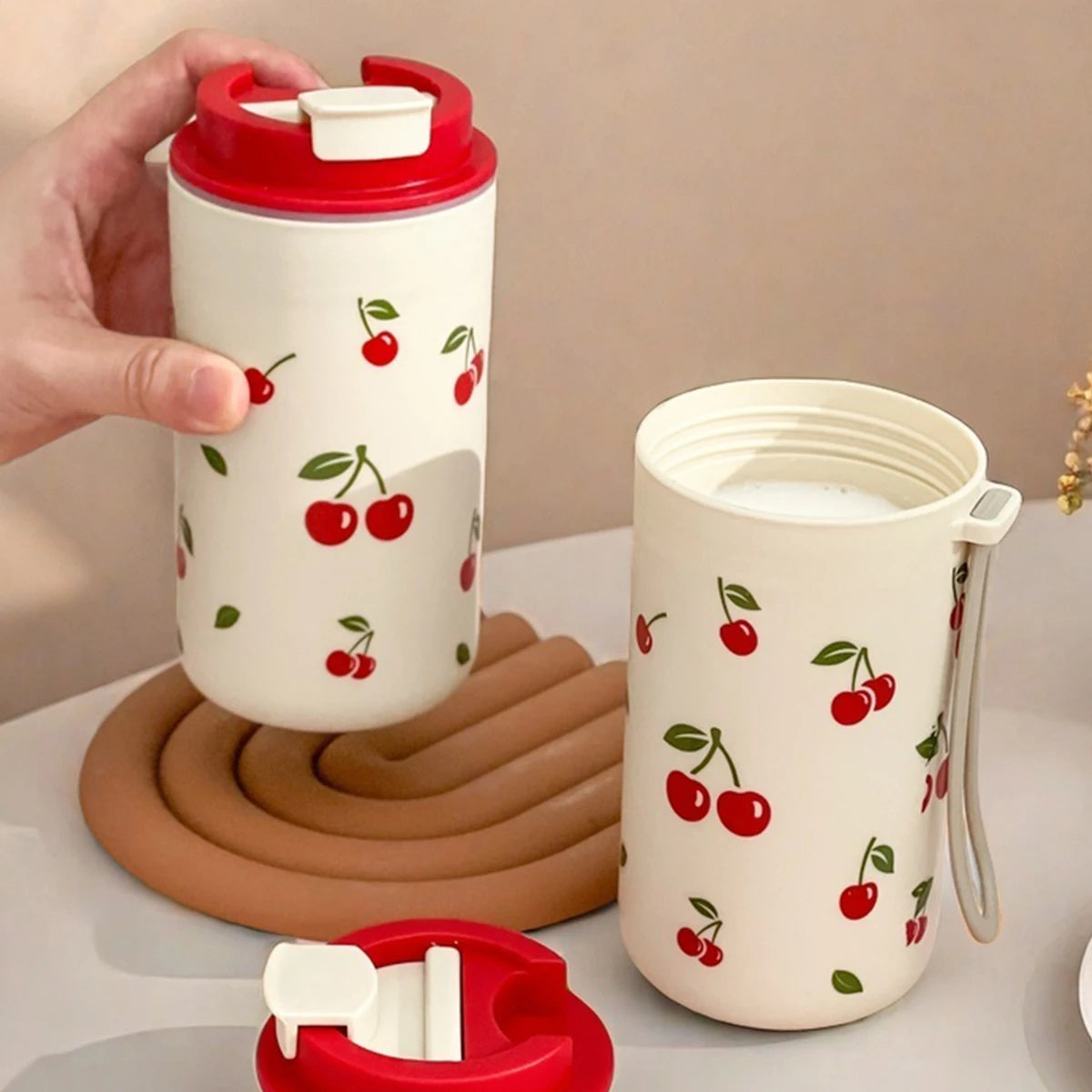 Tumbler Plastic Water Cup with Rope Cherry Pattern Milk Coffee Mug