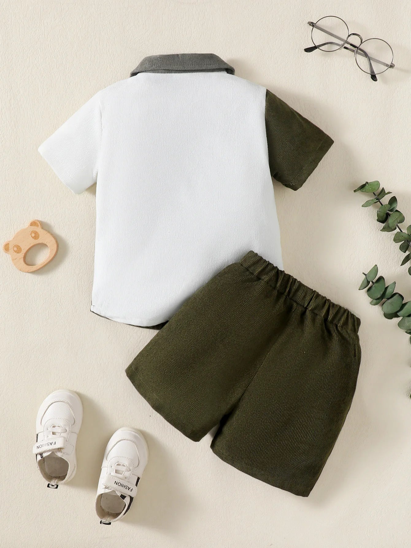 Children Boys' Flip collar Color Blocked Pit Stripe Top Shorts Fashion
