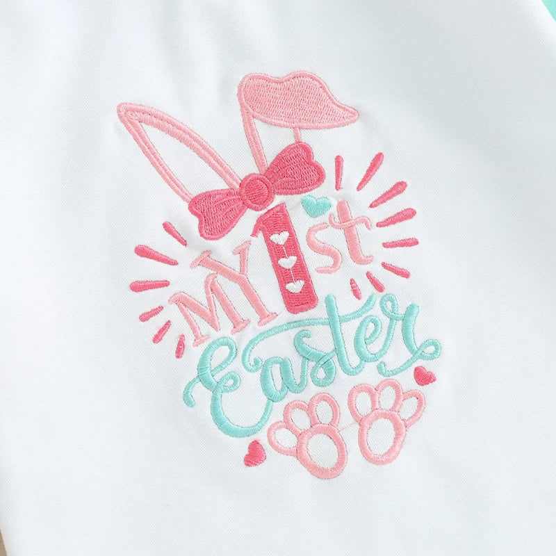 Infant Easter Jumpsuit with Cute Bunny Print and Ruffle Girl Rompe