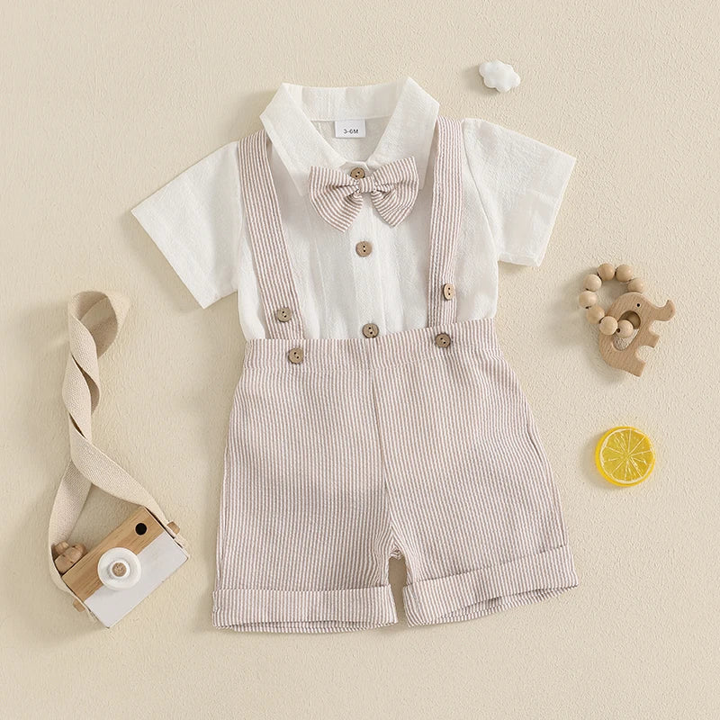 Lioraitiin Baby Boy Gentleman Outfit Solid Color Lapel Neck Romper