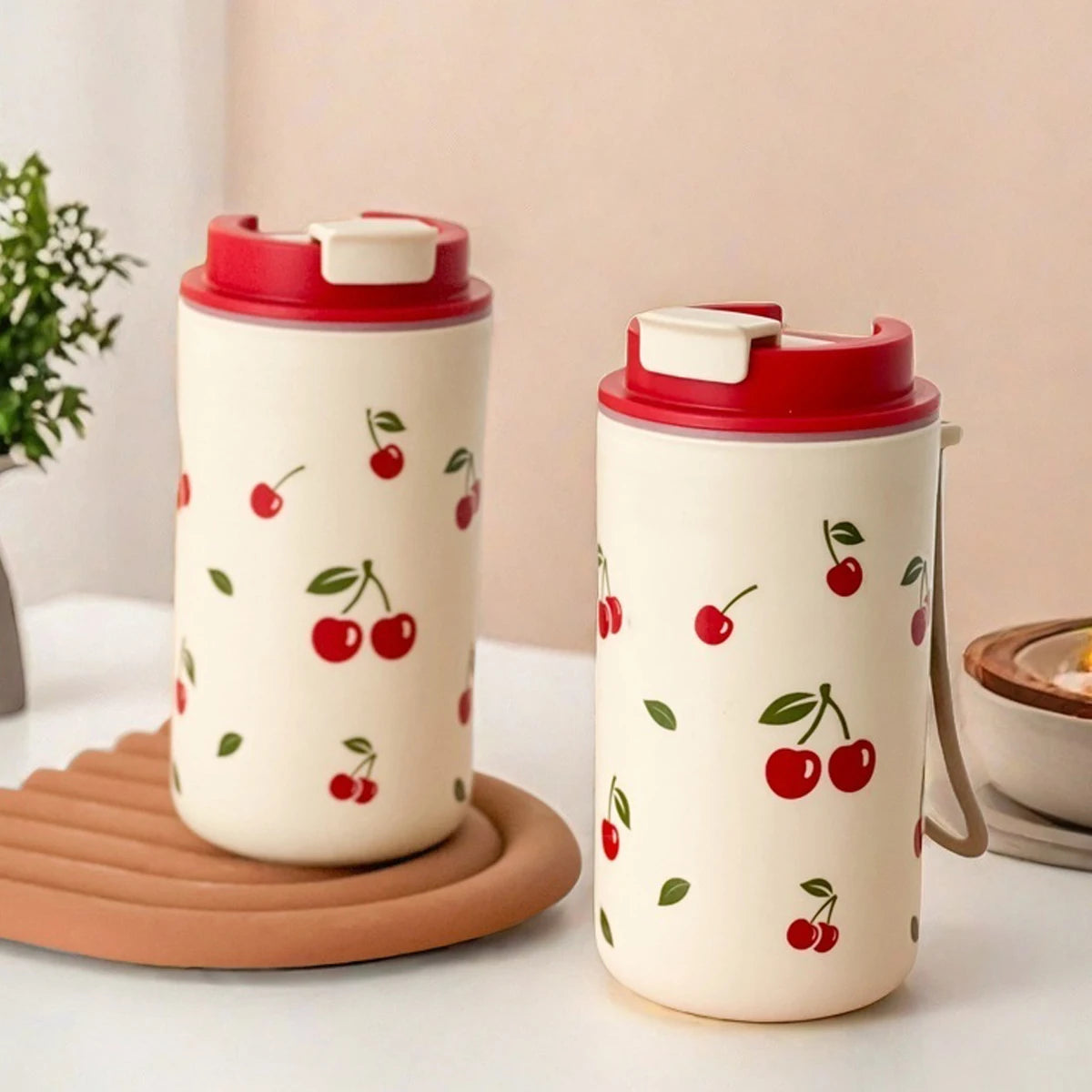 Tumbler Plastic Water Cup with Rope Cherry Pattern Milk Coffee Mug
