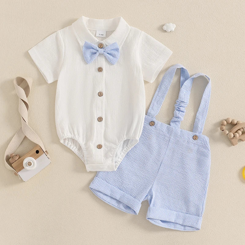 Lioraitiin Baby Boy Gentleman Outfit Solid Color Lapel Neck Romper