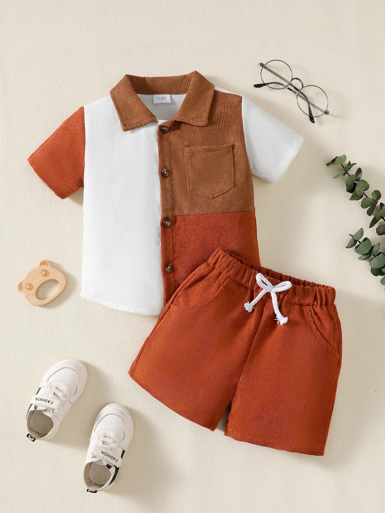 Children Boys' Flip collar Color Blocked Pit Stripe Top Shorts Fashion