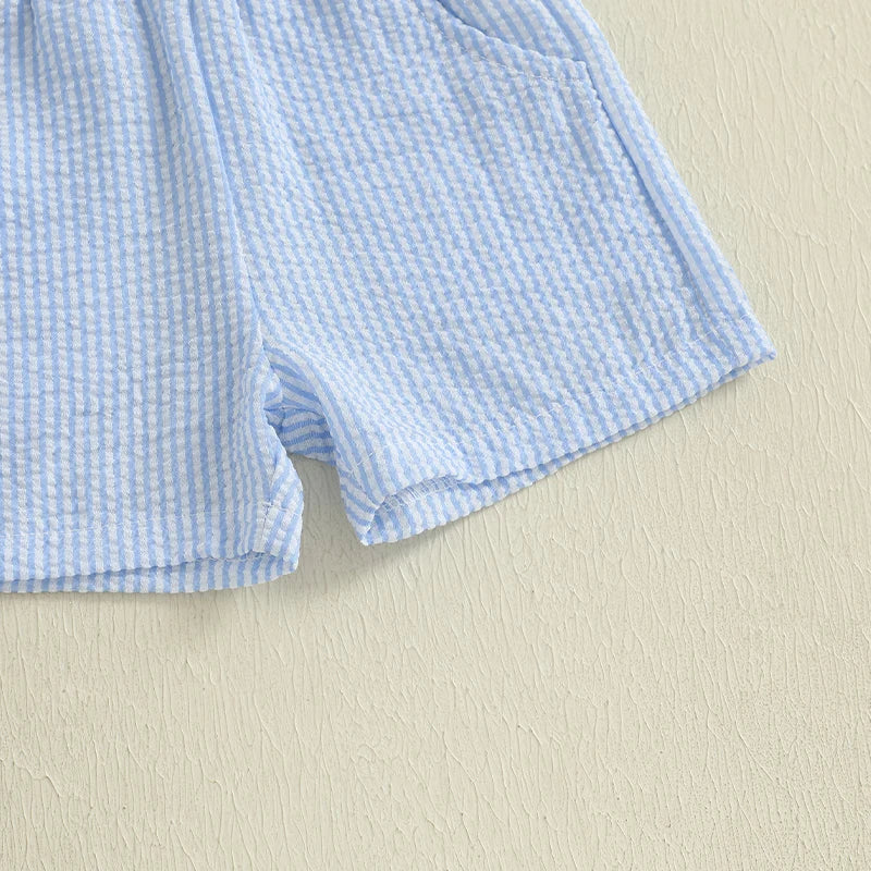 Boys Summer Outfit Set with Short Sleeve Ocean Top and Striped Shorts