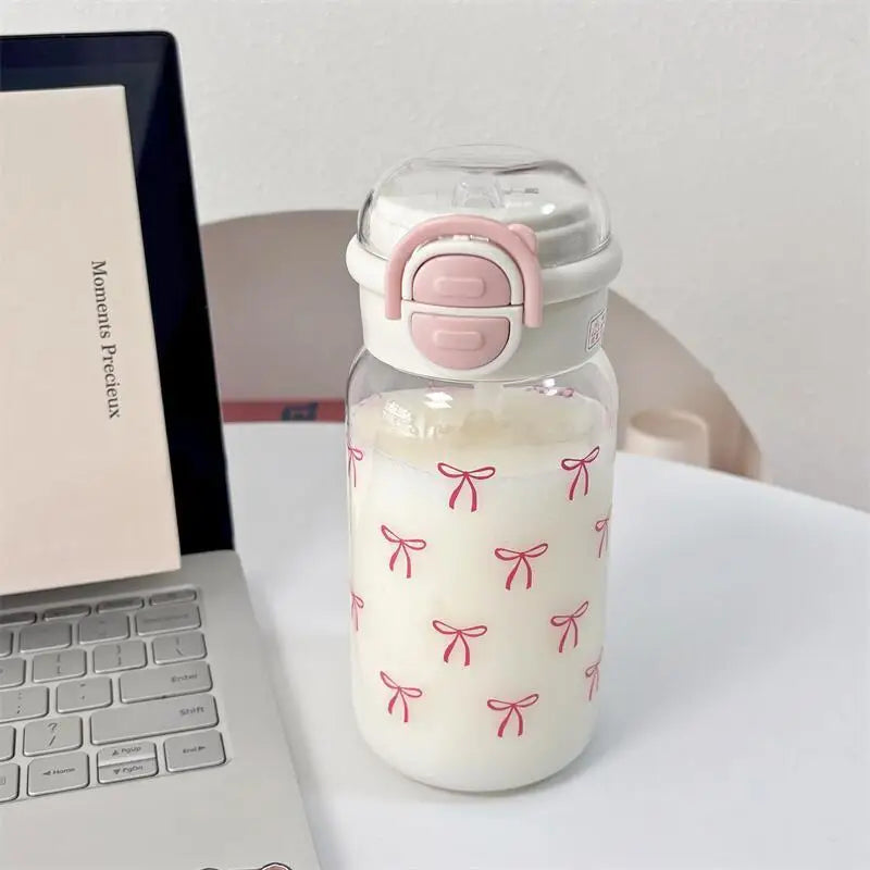 Cute Water Bottle with Straw Portable Plastic Pop-Up Cover Water Cup
