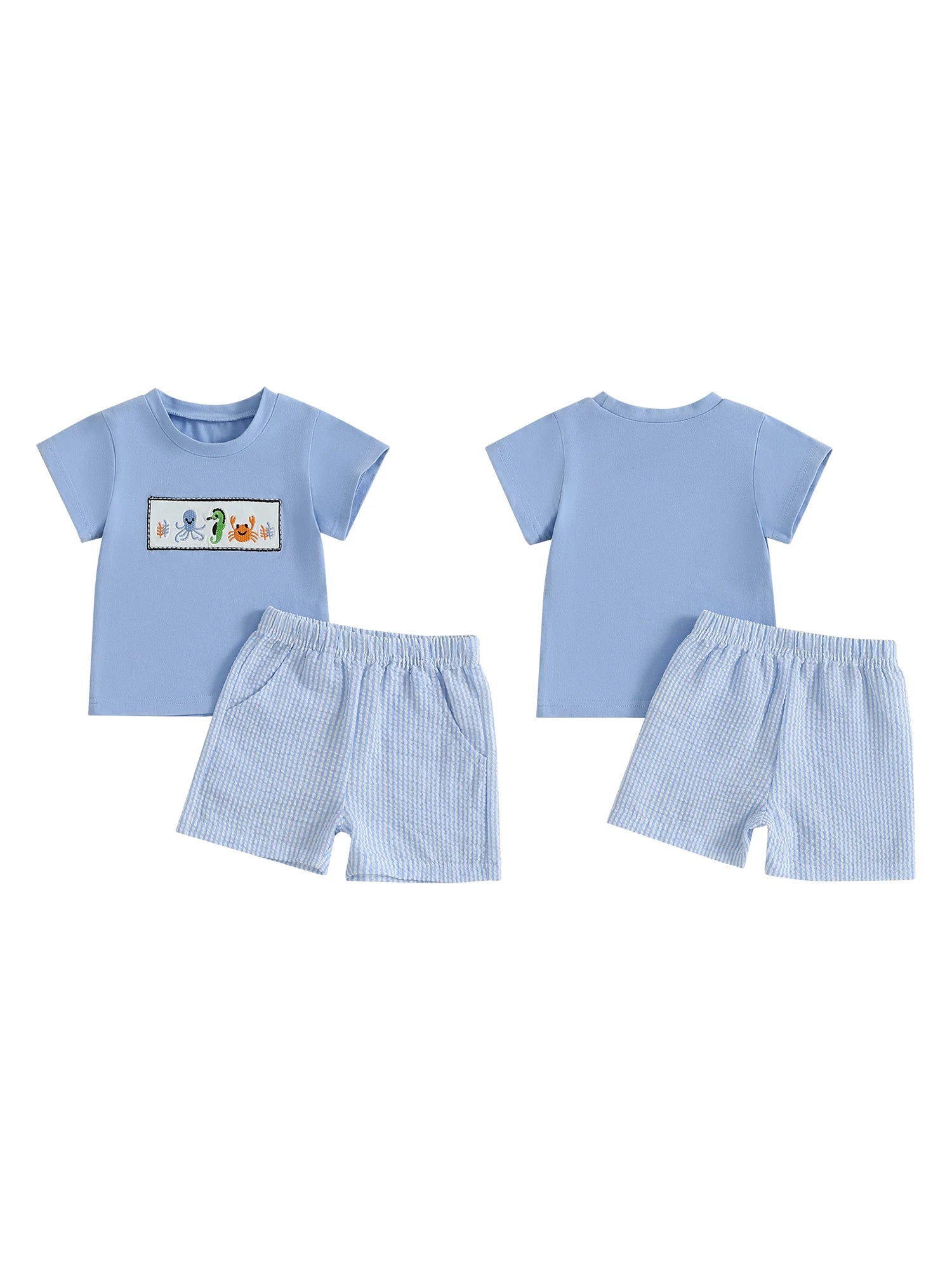 Boys Summer Outfit Set with Short Sleeve Ocean Top and Striped Shorts