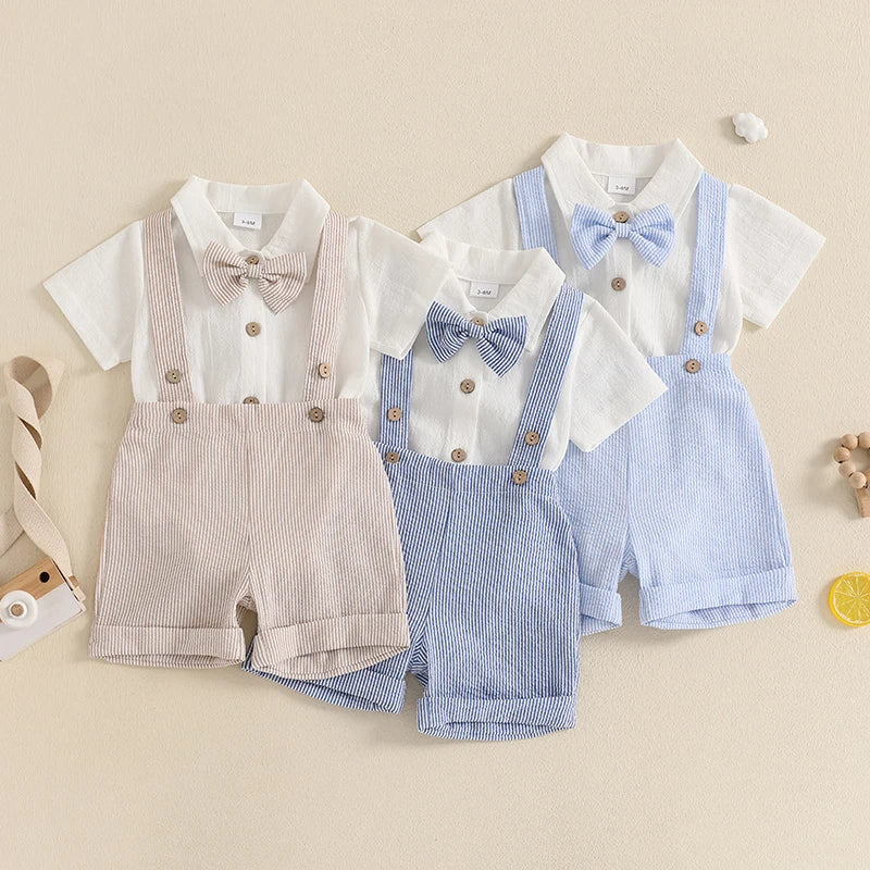 Lioraitiin Baby Boy Gentleman Outfit Solid Color Lapel Neck Romper