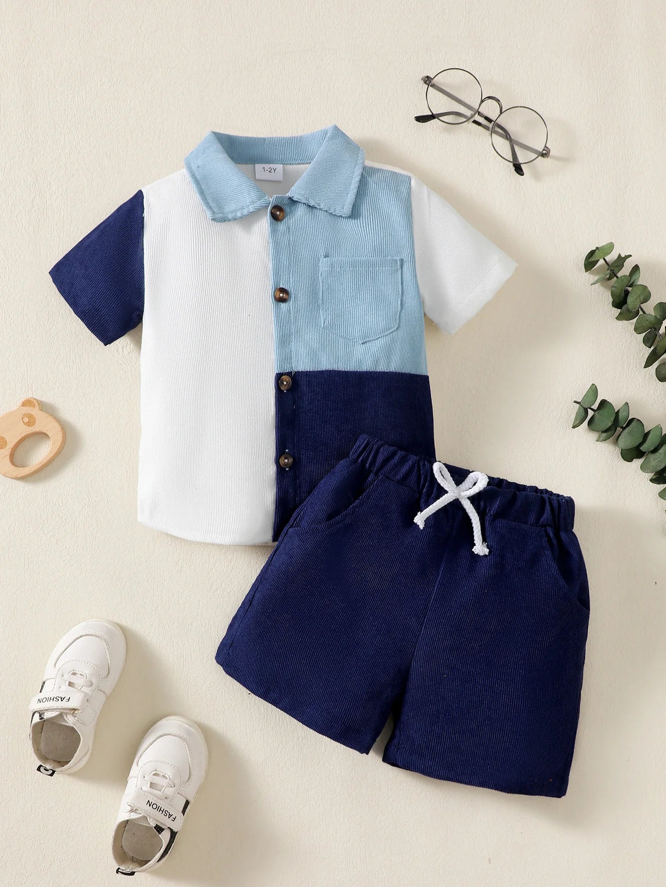 Children Boys' Flip collar Color Blocked Pit Stripe Top Shorts Fashion