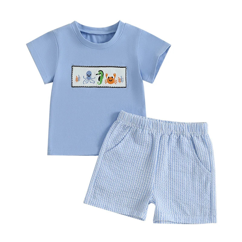 Boys Summer Outfit Set with Short Sleeve Ocean Top and Striped Shorts