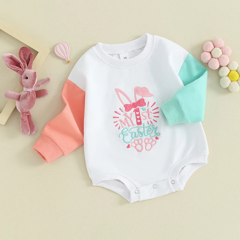 Infant Easter Jumpsuit with Cute Bunny Print and Ruffle Girl Rompe