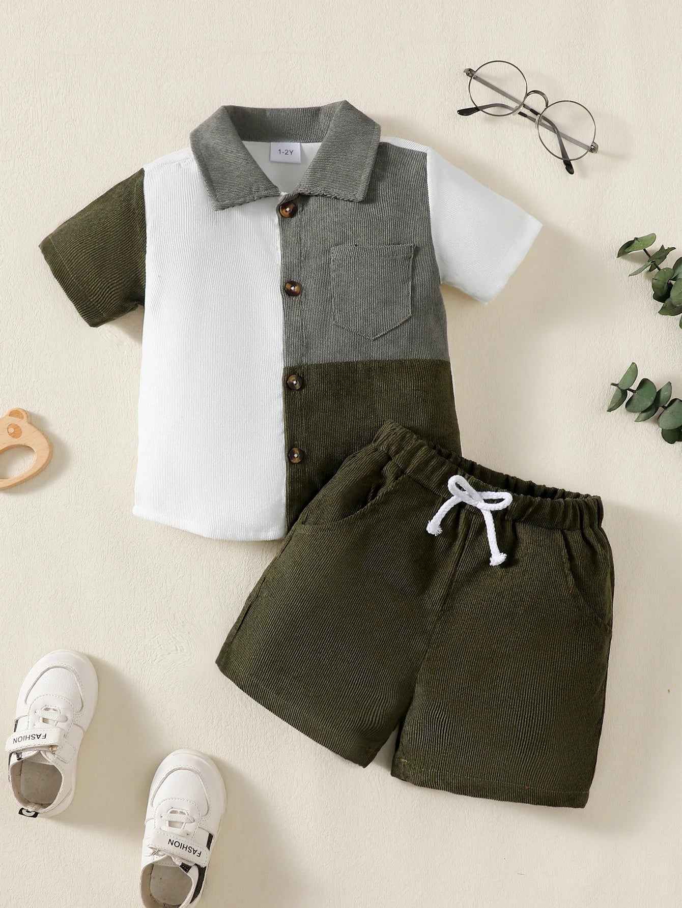 Children Boys' Flip collar Color Blocked Pit Stripe Top Shorts Fashion