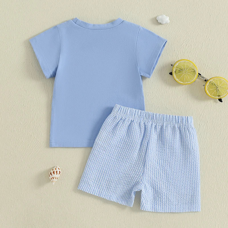 Boys Summer Outfit Set with Short Sleeve Ocean Top and Striped Shorts