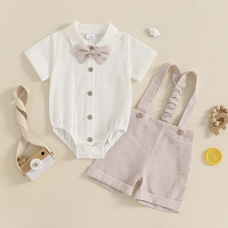 Lioraitiin Baby Boy Gentleman Outfit Solid Color Lapel Neck Romper