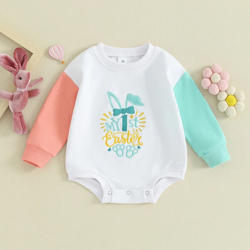 Infant Easter Jumpsuit with Cute Bunny Print and Ruffle Girl Rompe