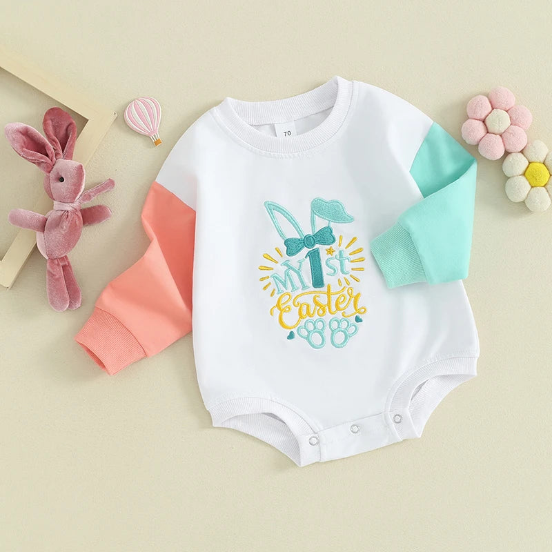 Infant Easter Jumpsuit with Cute Bunny Print and Ruffle Girl Rompe