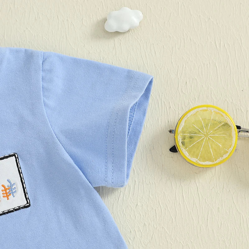Boys Summer Outfit Set with Short Sleeve Ocean Top and Striped Shorts