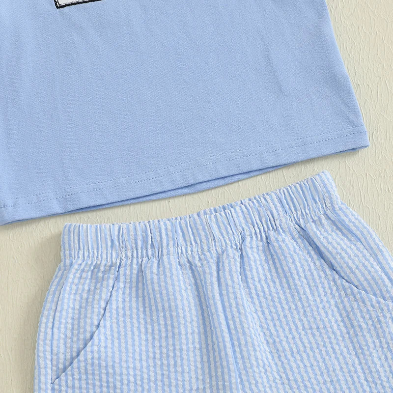 Boys Summer Outfit Set with Short Sleeve Ocean Top and Striped Shorts