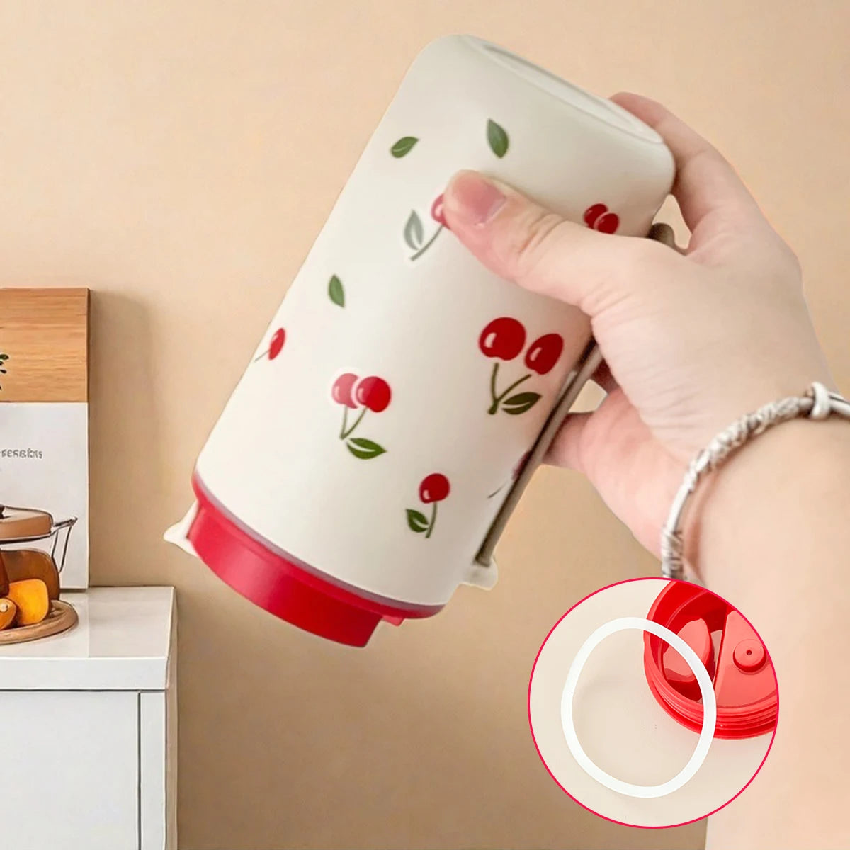 Tumbler Plastic Water Cup with Rope Cherry Pattern Milk Coffee Mug