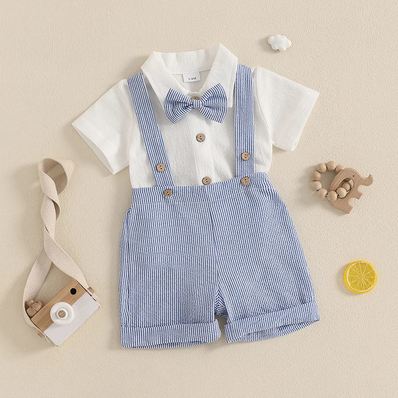 Lioraitiin Baby Boy Gentleman Outfit Solid Color Lapel Neck Romper