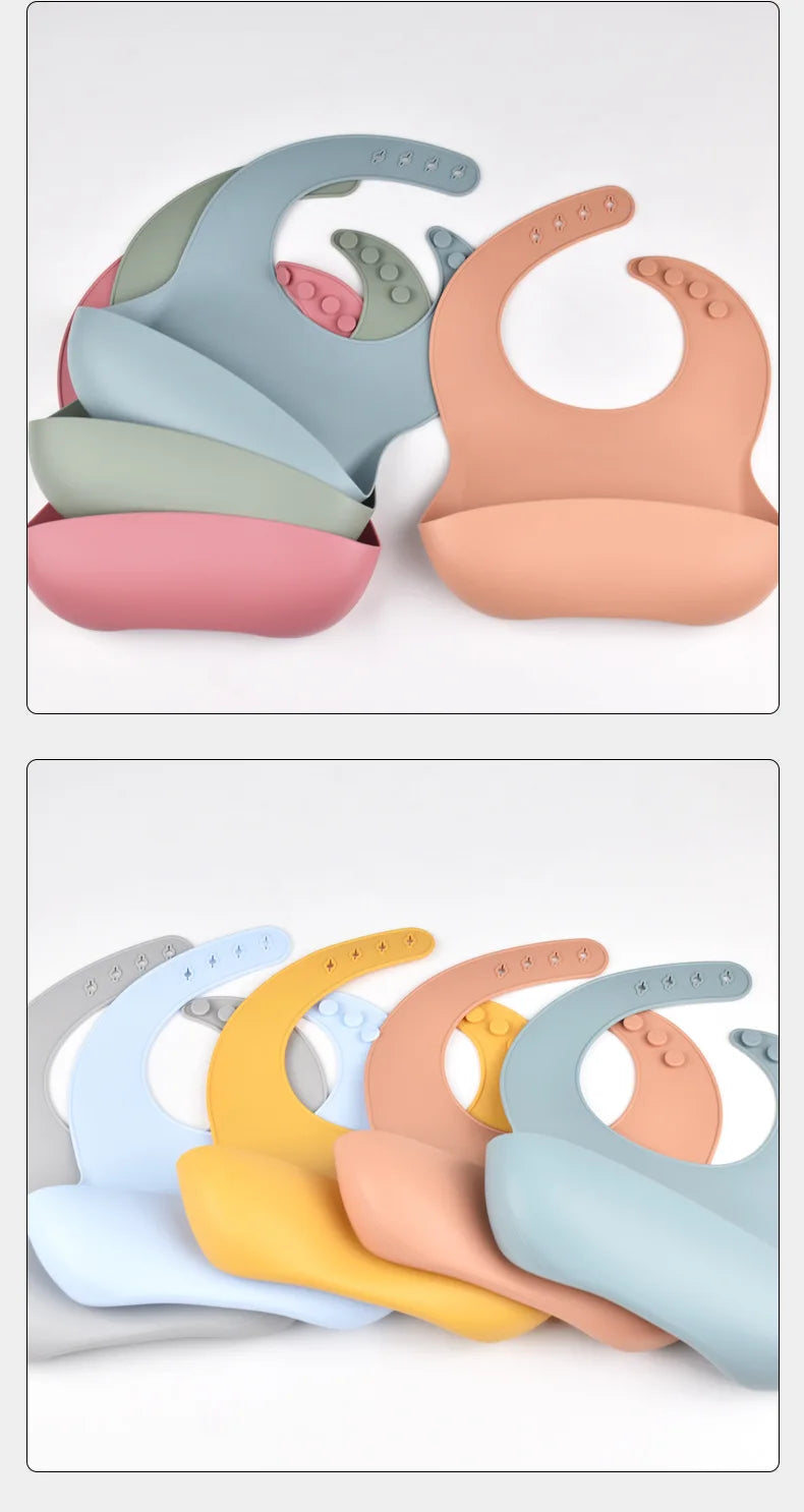 Baby Silicone Tray Bib Waterproof Soft speed Adjustable Bibs