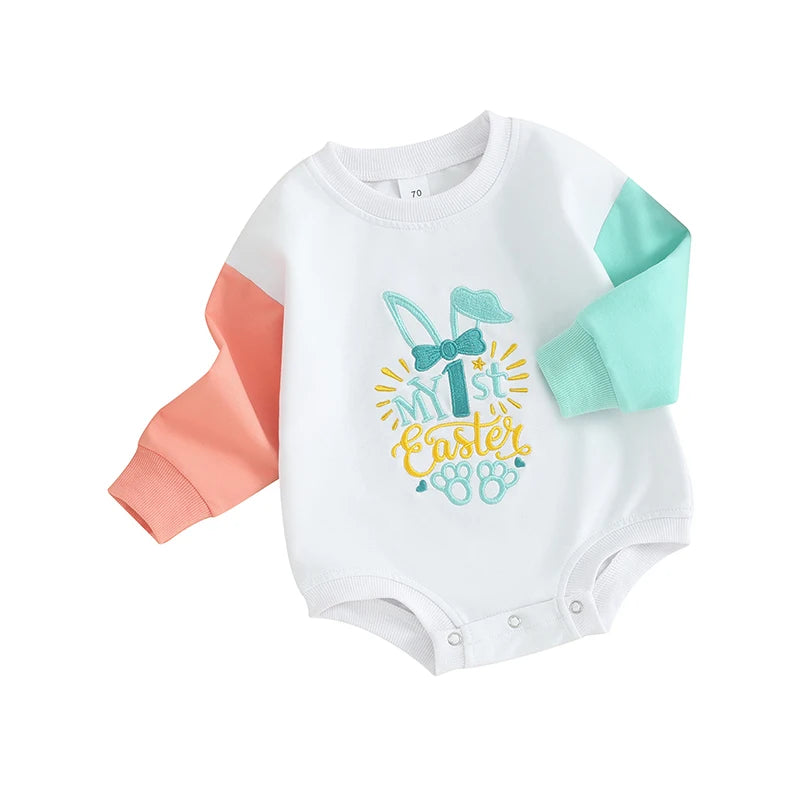Infant Easter Jumpsuit with Cute Bunny Print and Ruffle Girl Rompe