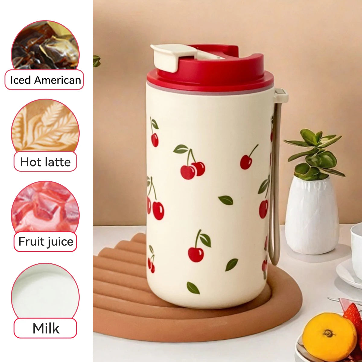 Tumbler Plastic Water Cup with Rope Cherry Pattern Milk Coffee Mug