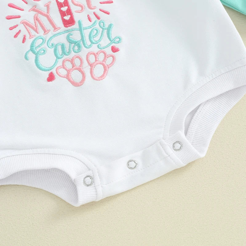Infant Easter Jumpsuit with Cute Bunny Print and Ruffle Girl Rompe