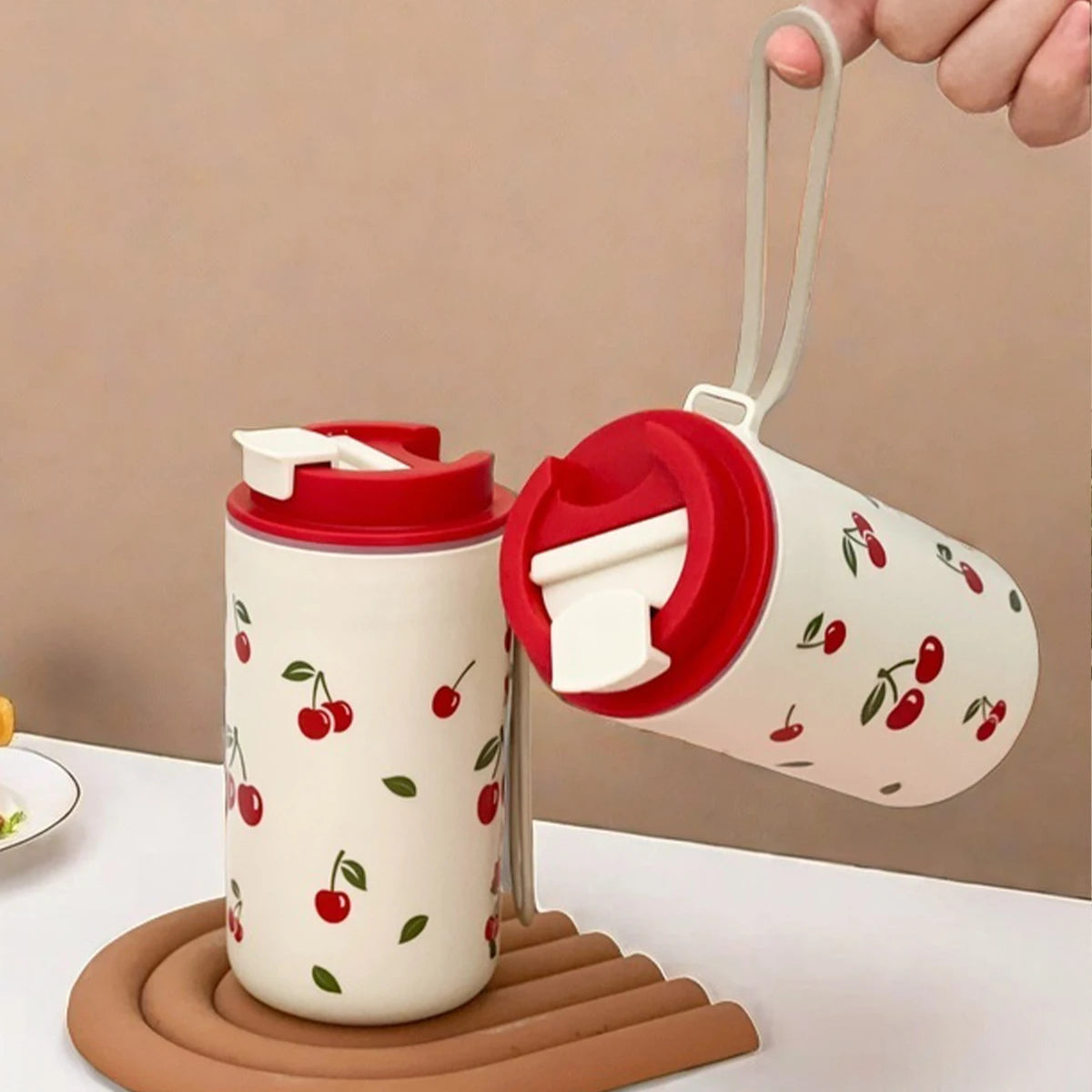 Tumbler Plastic Water Cup with Rope Cherry Pattern Milk Coffee Mug
