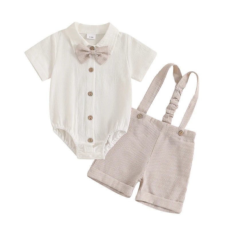 Lioraitiin Baby Boy Gentleman Outfit Solid Color Lapel Neck Romper