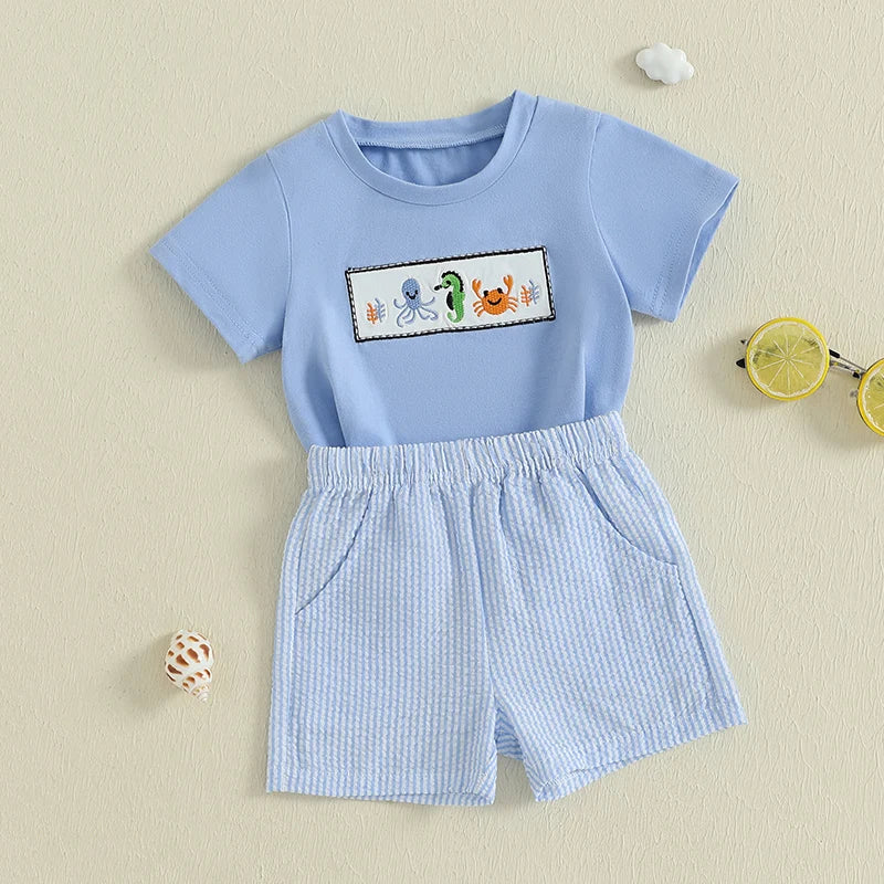 Boys Summer Outfit Set with Short Sleeve Ocean Top and Striped Shorts