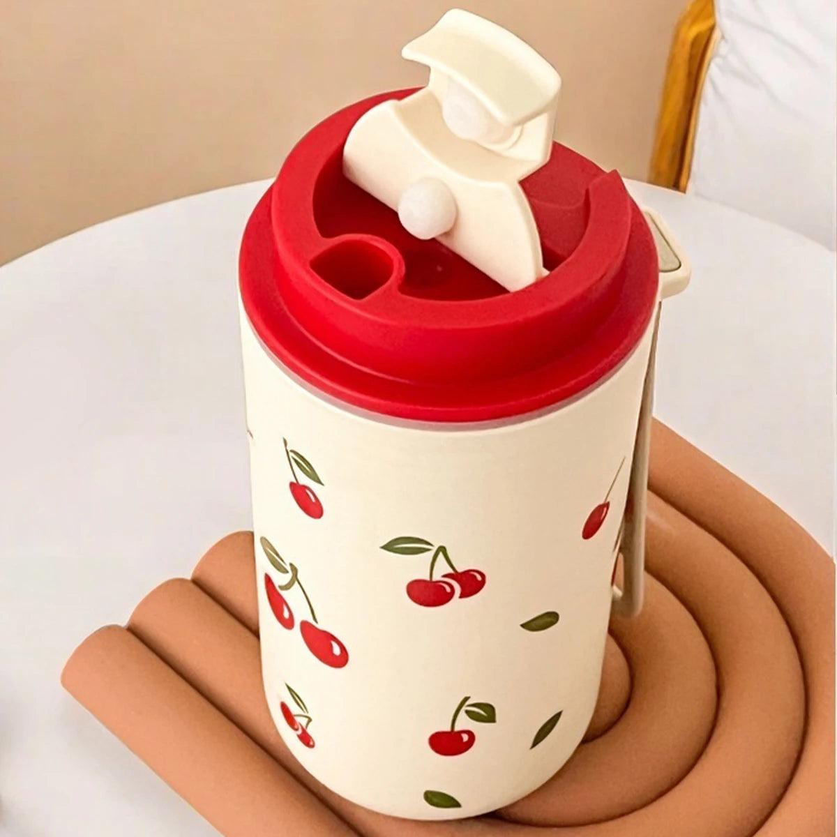 Tumbler Plastic Water Cup with Rope Cherry Pattern Milk Coffee Mug