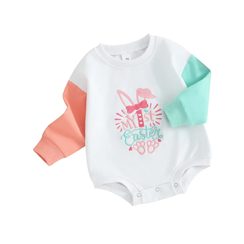 Infant Easter Jumpsuit with Cute Bunny Print and Ruffle Girl Rompe