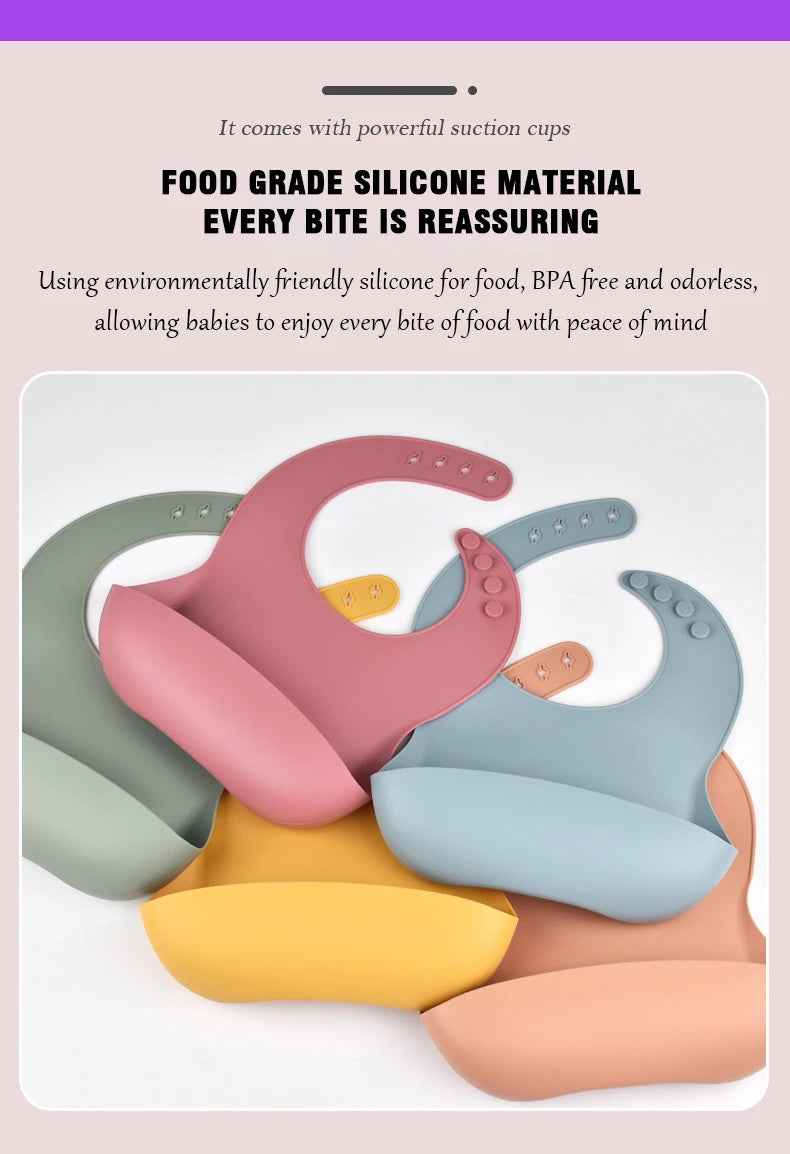 Baby Silicone Tray Bib Waterproof Soft speed Adjustable Bibs