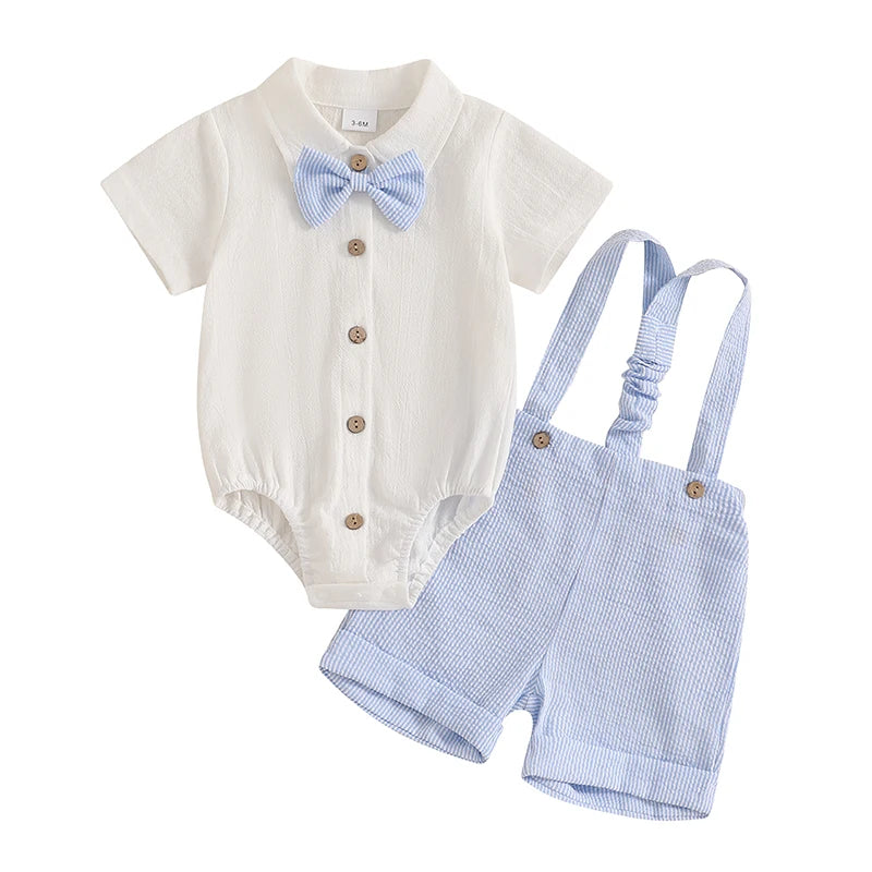 Lioraitiin Baby Boy Gentleman Outfit Solid Color Lapel Neck Romper