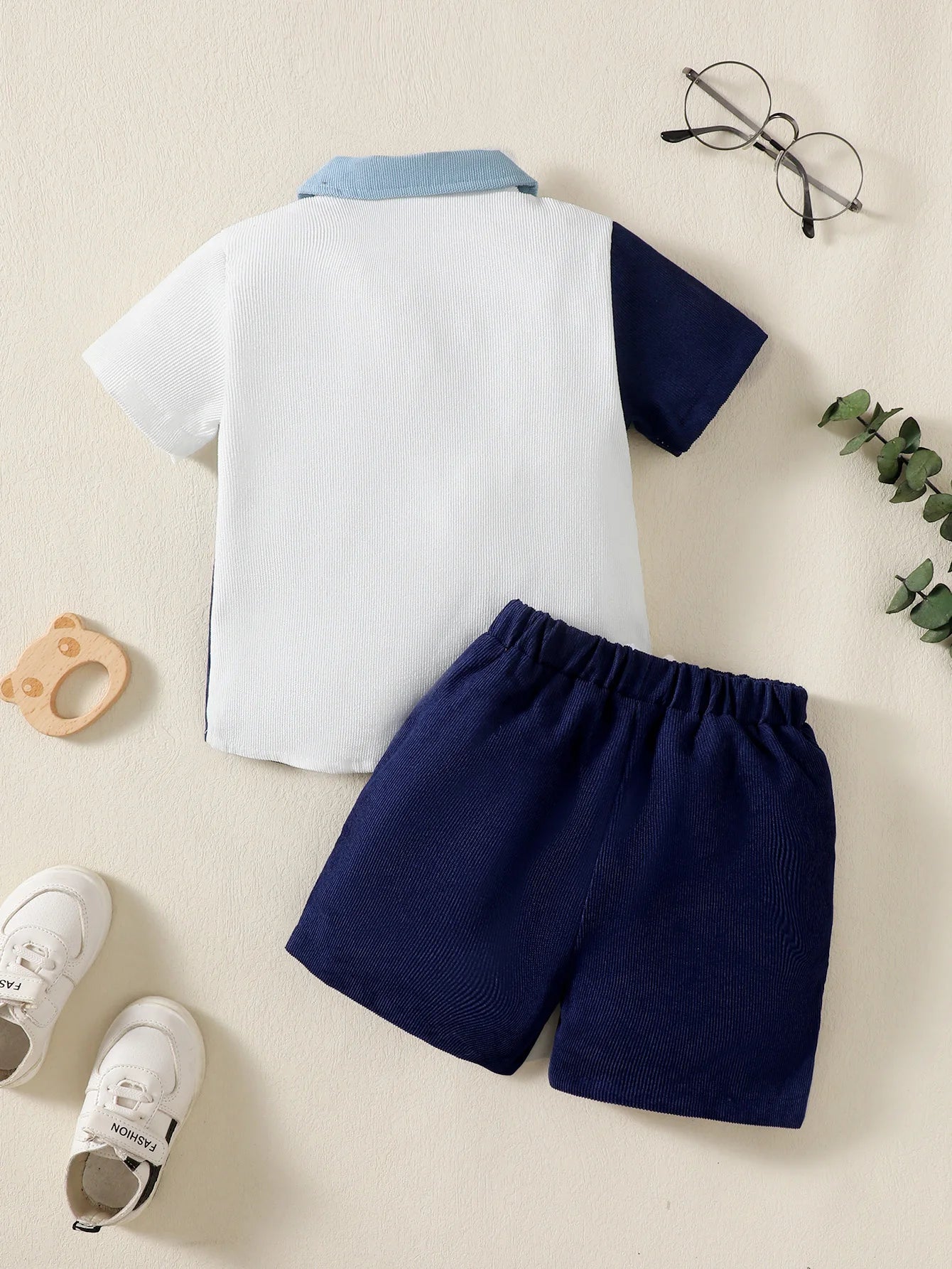 Children Boys' Flip collar Color Blocked Pit Stripe Top Shorts Fashion
