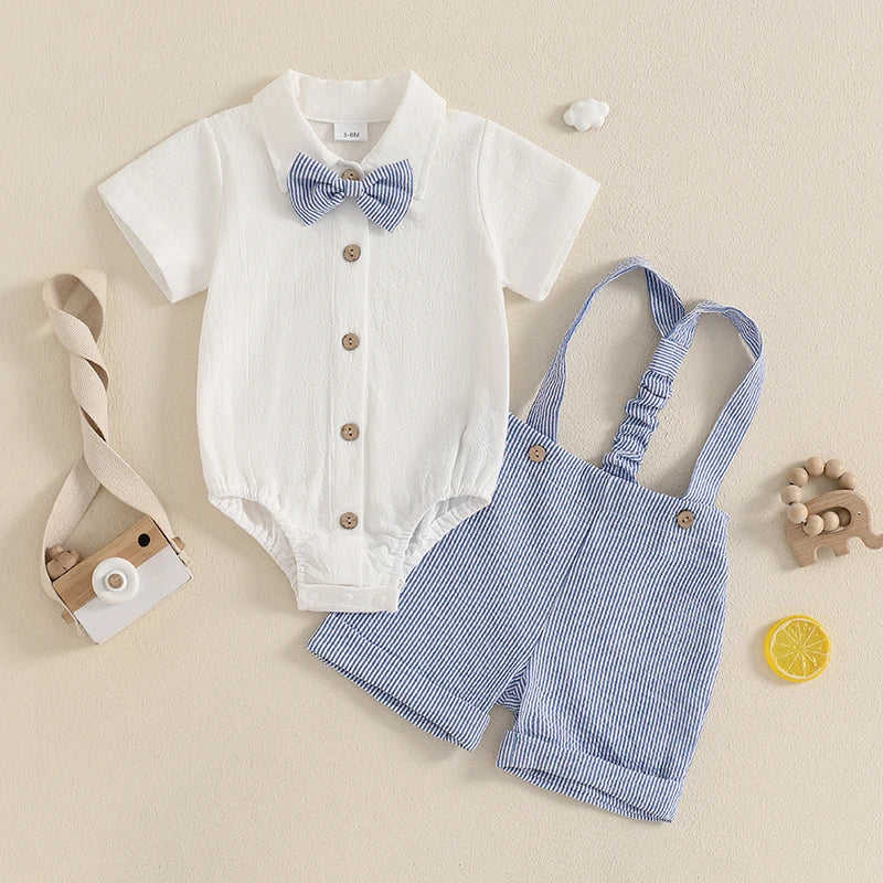Lioraitiin Baby Boy Gentleman Outfit Solid Color Lapel Neck Romper