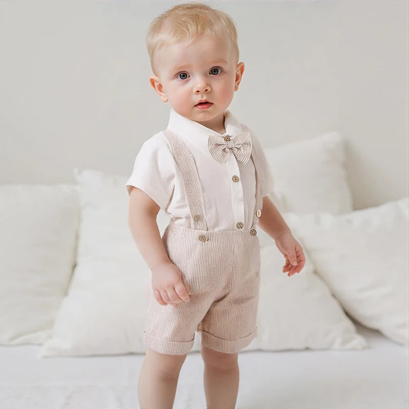 Lioraitiin Baby Boy Gentleman Outfit Solid Color Lapel Neck Romper