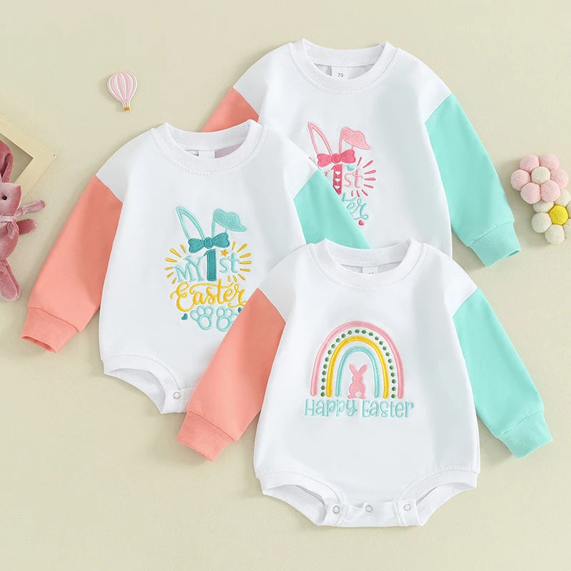 Infant Easter Jumpsuit with Cute Bunny Print and Ruffle Girl Rompe